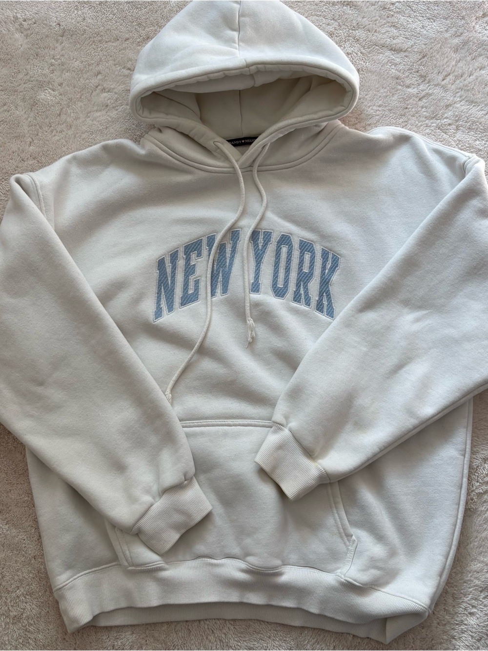 Brandy Melville Cream Hoodie with Light Blue New York Arch